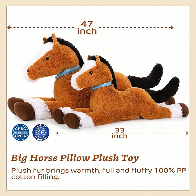 MaoGoLan Large Horse Plush Stuffed Animal, Big Pony Plush Toy, Jumbo Stuffed Horse, Ridable Pony Plush Pillow for Kids Girls Tan