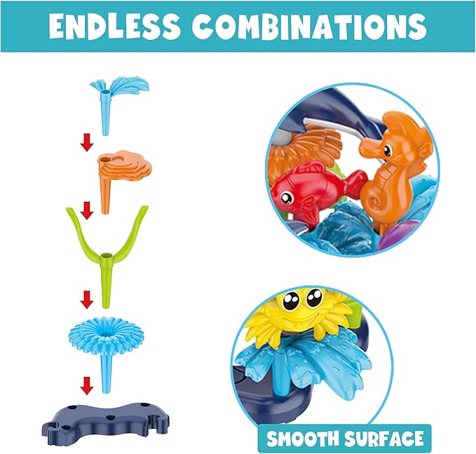 KC Republic Ocean Reef Sea Creatures 37pcs Water Washable Painting & Building Toy Set, Children's Activity Art Kit, Paint Your Own Buildable Ocean Reef Toy with Free Bubbles Wand Gift