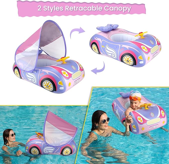 3D Car Thick PVC Inflatable Baby Swim Pool Float with Sun Shade Cover and Steering Wheel - Age 1-4 Years Old