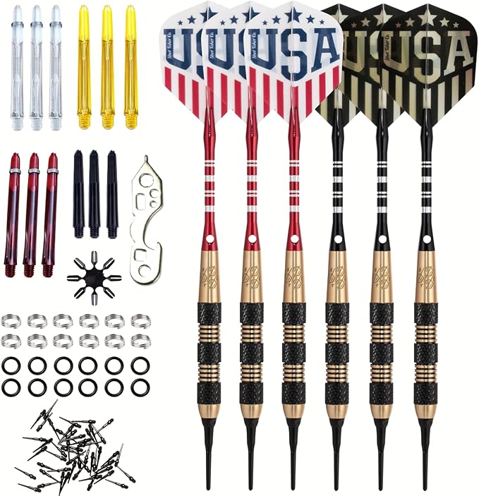 Soft Tip Darts Set - Professional Darts for Electronic Dartboard - Includes Brass Barrels + Plastic & Aluminum Shafts + Rubber O'Rings + Flights + 50PC 2BA Tips + Wrench