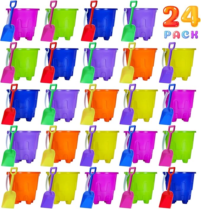 5 Inch Sand Castles Beach Buckets and Shovel Set,Sand Bucket Water Bucket for Beach Fun Great Summer Party Accessory（24 Shovels and 24 Pail Buckets）
