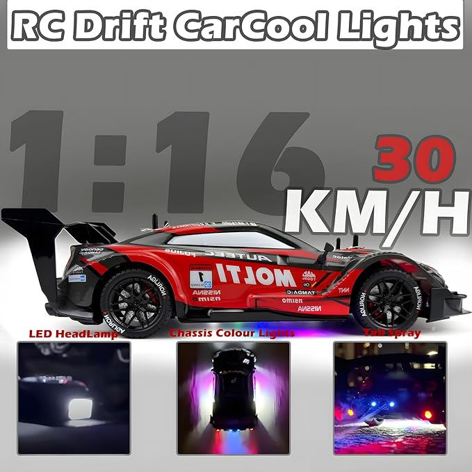 1:16 RC Drift Car 2.4GHz Spray 4WD LED Lights 30+KM/H High Speed Remote Control Car 2 Batteries 60Min Infinitely Variable Speed Drift Car Toys for Adults and Kids(Red)