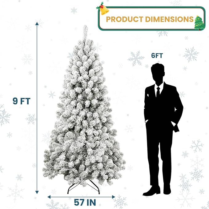 Kadunmina 9ft Artificial Christmas Tree, Premium Unlit Hinged Snow Flocked Xmas Tree with 1910 Branch Tips, Realistic Holiday Full Trees with Foldable Metal Stand for Home,Office,Green & White
