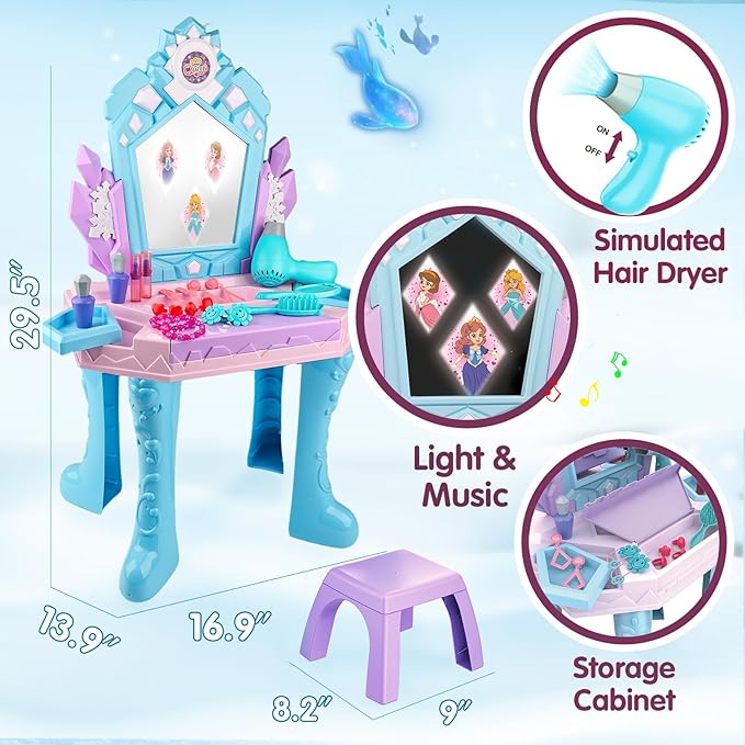 Toddler Vanity Magic Makeup Table and Chair Set Girl Toys Mirror with Music Light Frozen Toys for 3 4 Year Old Girls Hair Salon Pretend Play Princess Dress Up Playset Kids Toddler