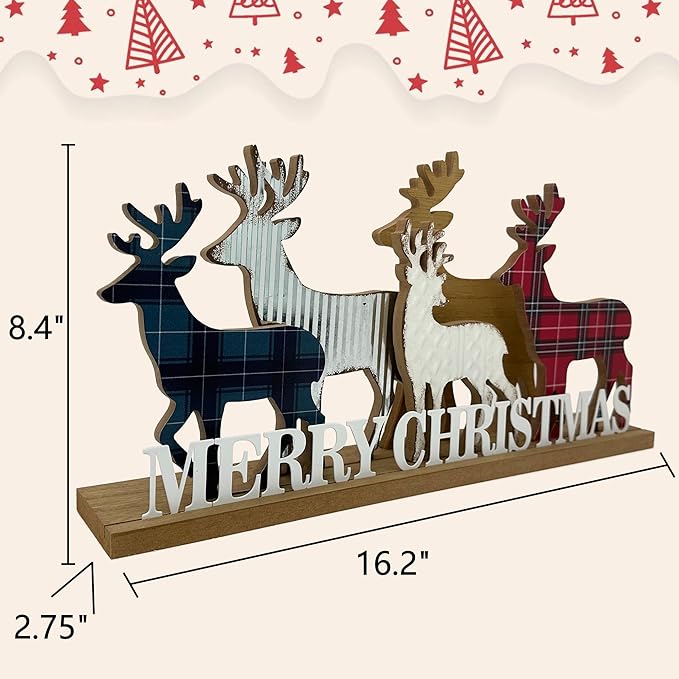 Christmas Decorations for Home Elk Merry Christmas Sign Wooden Decorative Block Rustic Farmhouse Tabletop Xmas Party Holiday Décor for Living Room, Dining Table, Mantel, Tiered Tray, Gift