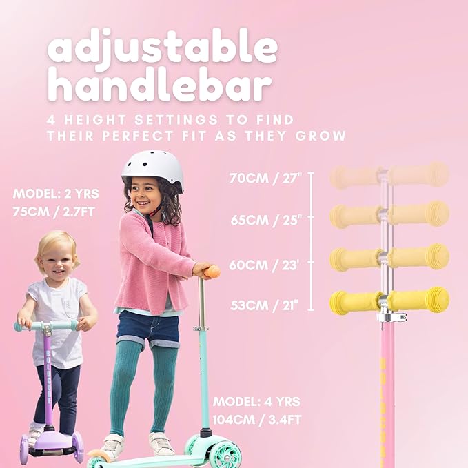 Teeny | 3 Wheel Scooter for Kids & Toddlers Ages 2-6 Years | Flashing Wheels | Height Adjustable 53 to 70 cm | My First Scooter