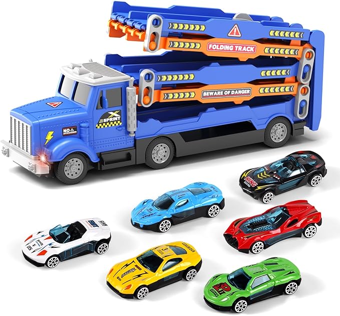 HONGTUO Toddler Truck Track Set with Lights & Sounds – 55-Inch Racing Track with 6 Die-Cast Cars, Perfect Birthday for 3 4 5 6 7 Years Old Boys and Girls