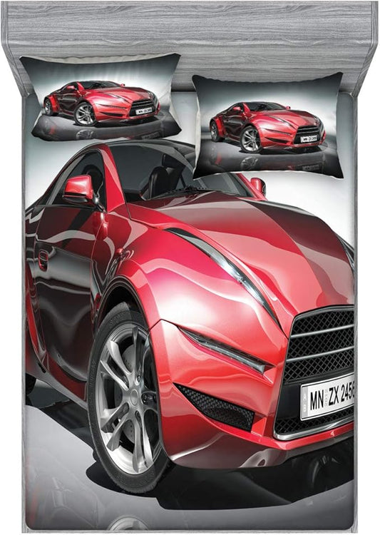 Ambesonne Cars Fitted Sheet & Pillow Sham Set, Modern Era Sports Car Designed for Spirited Performance and Fast Speed Racing Print, Decorative Printed 3 Piece Bedding Decor Set, Calking, Grey Red