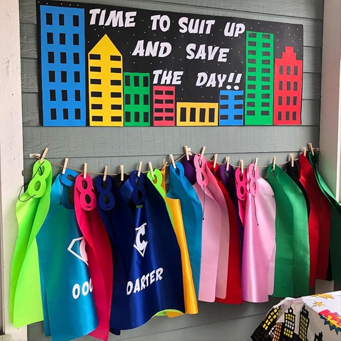 ADJOY Kids Superhero Capes and Masks 24 Sets Pack with Large Stickers - Superhero Themed Birthday Party Capes