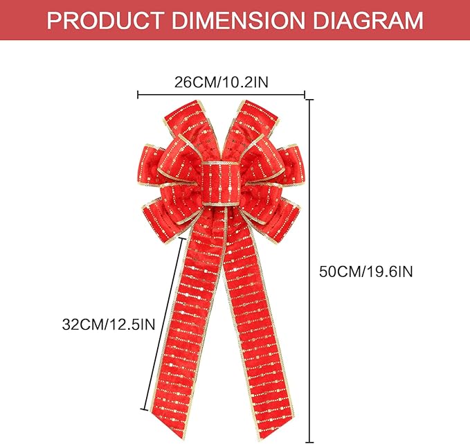 2PCS Red/Gold Velvet Christmas Bows with Gold Shiny Patches - 11"x19.6" Holiday Decor for Tree Topper Wreaths Door Windows Fireplace Fence Porch Gifts Parties Indoor/Outdoor Decorations