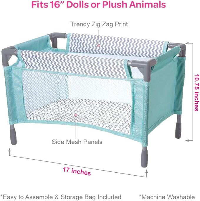 Adora Zig Zag Baby Doll Playpen, Bed Toy & Carry Case, Fits Dolls, Plush Toys, and Stuffed Animals up to 16” Birthday Gift for Kids Ages 3+