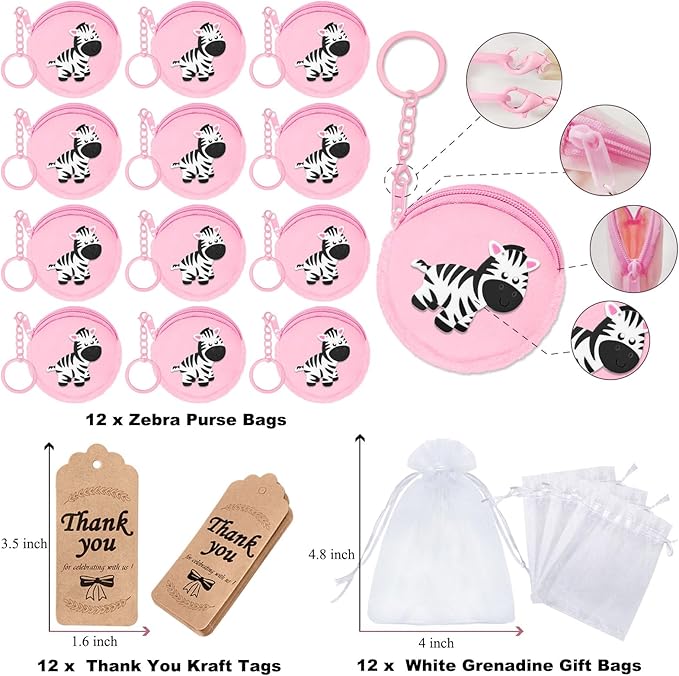 36 Pack Zebra Change Purses Set Include 12 Wallets with Keyring,12 Thank You Tags and 12 Organza Bags for Zebra Safari Jungle Grassland Party,Baby Shower Birthday Decor, Pink