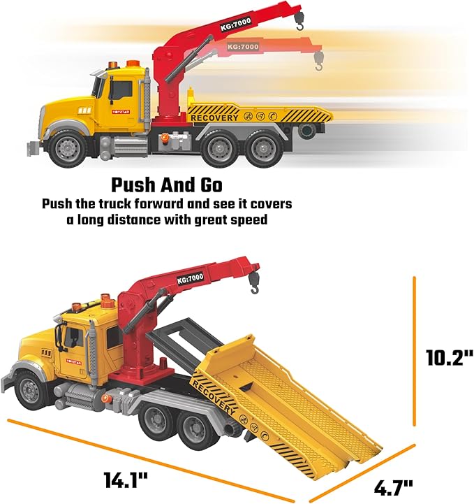 MOBIUS Toys Tow Truck Flatbed and Crane with Race Car Playset – Large 15" Rescue Vehicle Toy w/Friction Push & Go, Lights & Sounds, Birthday Gift for Kids, Toddlers, Girls & Boys Ages 3-8