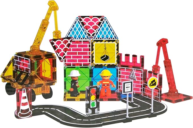 Playmags City Construction Magnetic Tiles Set, Building Blocks with Crane & Road Pieces, Educational STEM Toys for Boys & Girls Ages 3+ 52-Piece