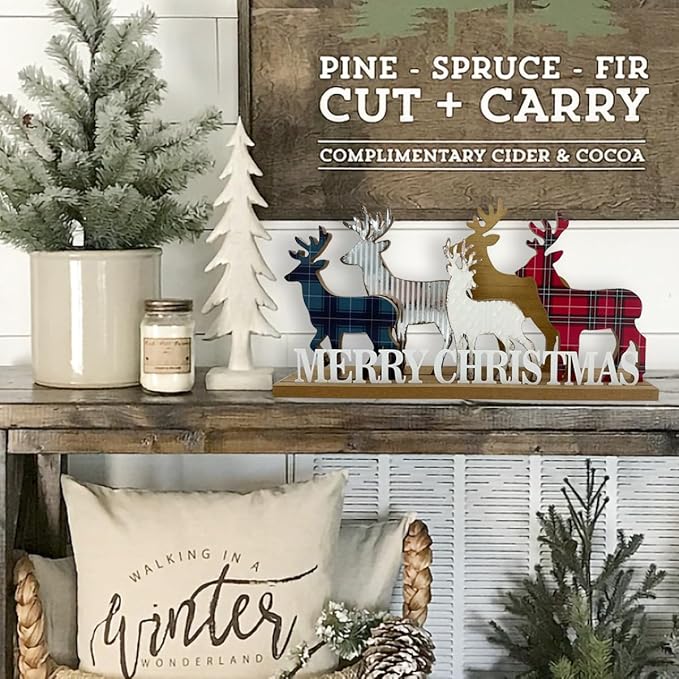 Christmas Decorations for Home Elk Merry Christmas Sign Wooden Decorative Block Rustic Farmhouse Tabletop Xmas Party Holiday Décor for Living Room, Dining Table, Mantel, Tiered Tray, Gift