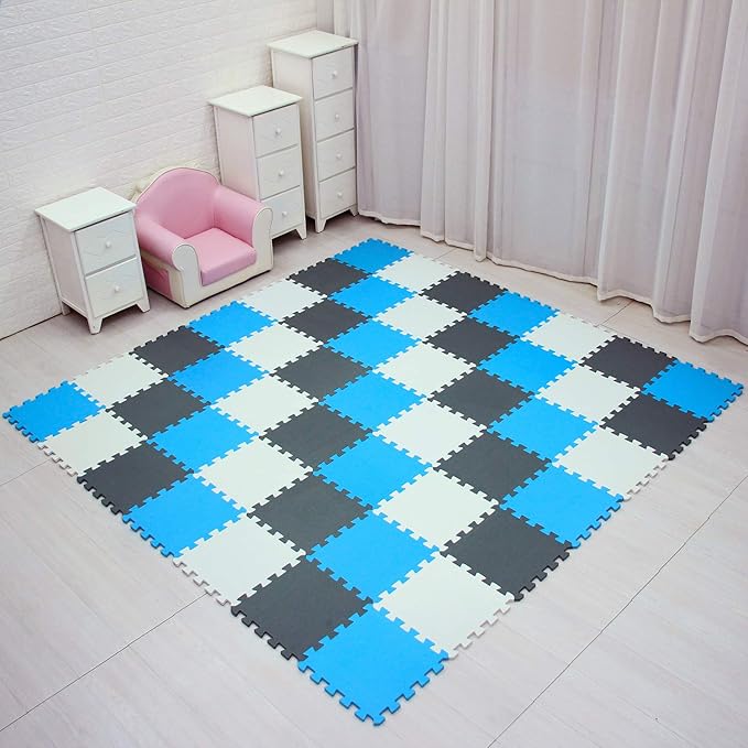 meiqicool Foam Play Mat Thick Soft EVA Interlocking Foam Floor Mats Children Yoga Exercise Multi Jigsaw Puzzle Blocking Board Kids Playmats Play White-Blue-Grey 18 Piece AGL