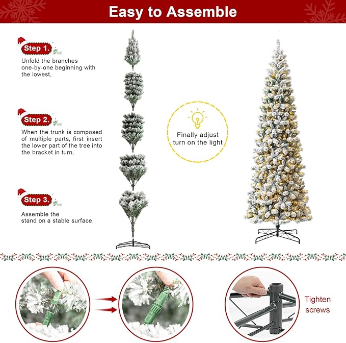 Glitzhome Flocked Pencil Artificial Christmas Tree, 11ft Prelit Christmas Tree with 700 Warm White/Multi-Color Lights & Foldable Metal Stand, Portland Snowy Pine for Home, Office, Party Decoration