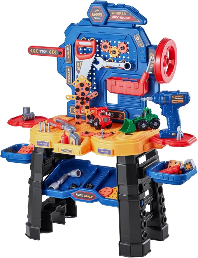VEVOR Kids Workbench, 181 pcs, Kids Tool Bench with Realistic Tools and Electric Drill, Pretend Play Construction Workbench Toys for Toddlers, Toddler Work Bench Learning Gift for Boys & Girls Age 3+