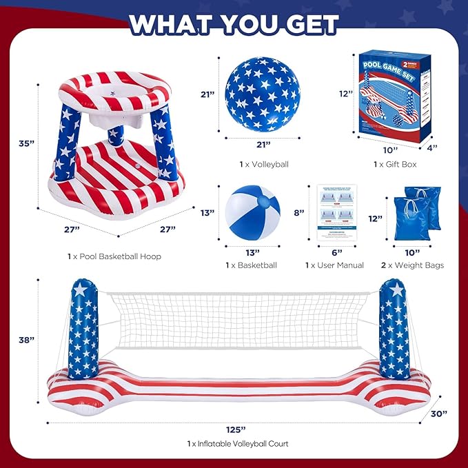 10.4' Larger Pool Volleyball Set - 2024 NEW Inground Pool Volleyball Net & Basketball Hoop, Inflatable Water Games for Adults and Family, Pool Floating Toys for Kids 8-12 | Teens Summer Floaties