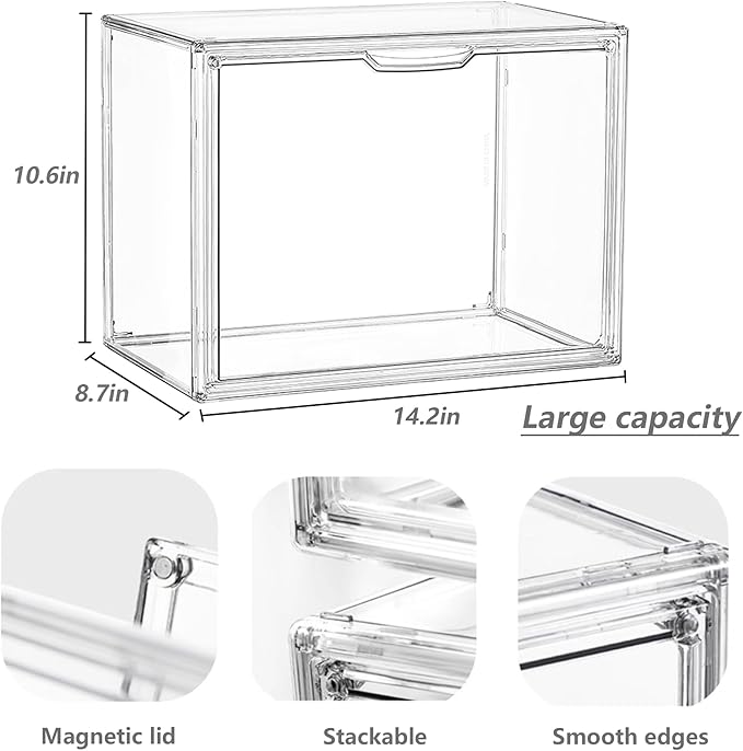 Acrylic Box Display Case, Clear Plastic Stackable Storage Bins with Magnetic Attraction Lid, Showcase for Cosmetic, Large Figures Collectibles (5 Pack, X-Large)