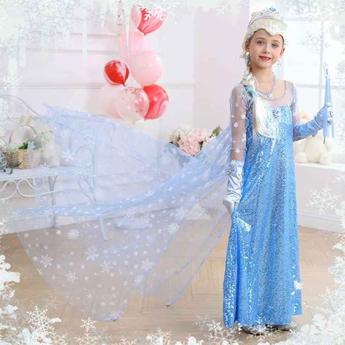 Princess Elsa Dress for Girls Kids Sequin Costume Halloween Birthday Party Dress Up With Accessories