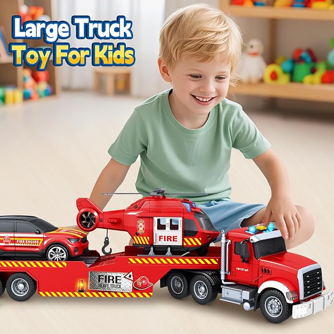 SpringFlower Extra Large Fire Truck Toys for Boys Girls with Racing Car and Helicopter, Lights, Sounds, Semi Truck Vehicle Toy for Toddlers 3 4 5 6 7, Christmas Birthday Gift
