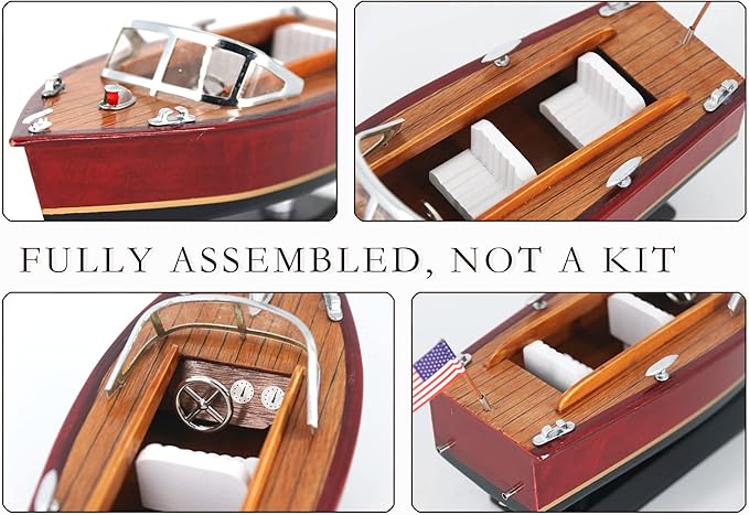 10" Wooden Speedboat Model Ship Sailing runabout 1/27 Scale Replica Nautical Decoration (10”, Burgundy)