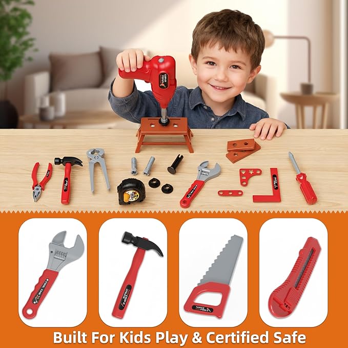 58-Piece Kids Tool Set with Realistic Power Toy Drill & Tool Box & DIY Stickers, Kids Construction Kits, STEM Pretend Play Boy Toys, for Toddlers Boy Ages 3-8