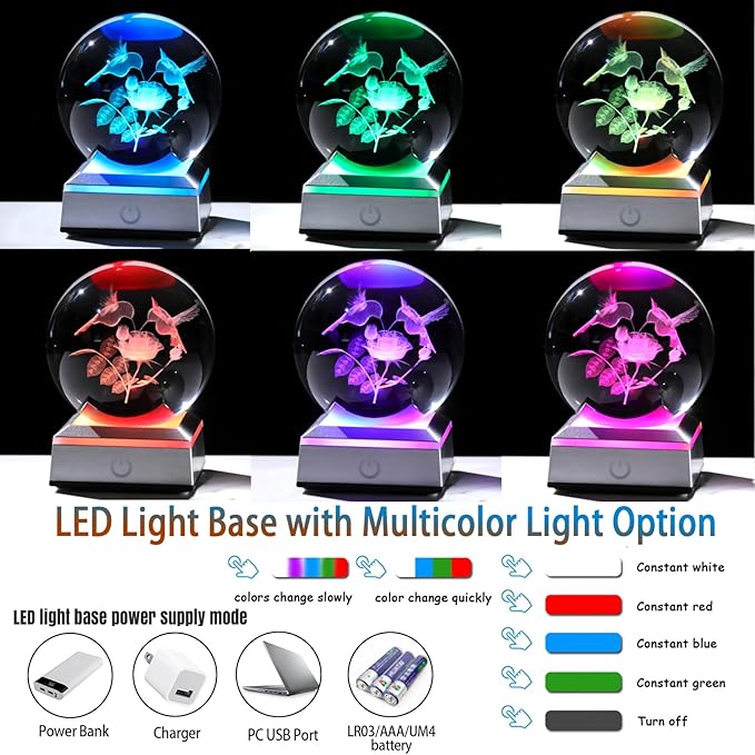 3D Hummingbird Gifts for Women, Mom - Humming Bird and Rose Crystal Ball 3.15in with Multicolor LED Light Base Collectible Figurine Home Decor