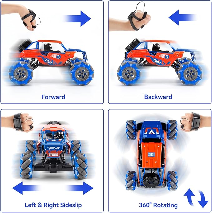 1:14 Scale 4WD Metal Remote Control Car, 360° Rotating Hand Gesture Sensor Control Monster Truck All Terrains RC Car Vehicle Stunt Car with Rechargeable Batteries gift for Boys Kids and Adults