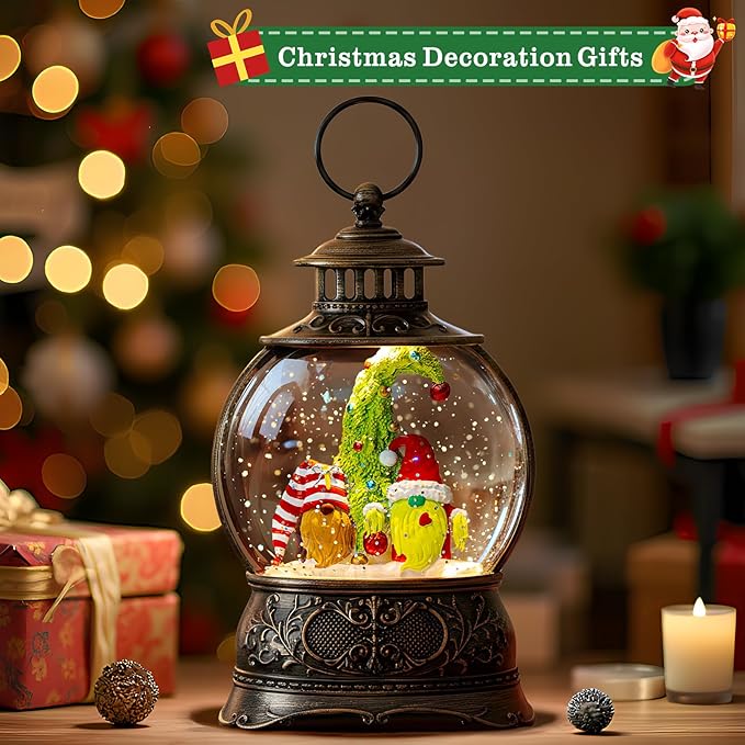Christmas Snow Globes Christmas Water Lantern with Gnome Whimsical Christmas Tree, Music & 6H Timer, USB Lined/Battery Operated Lighted Lanterns for Xmas Festival Decoration Gifts