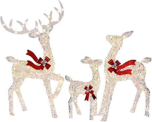 3-Piece Large Lighted Christmas Deer Family Set, 3D Reindeer Christmas Outdoor Decoration with 225 Warm White LED Lights, Ground Pegs, Cable Ties. Suitable for Patio Garden Party-Colorful