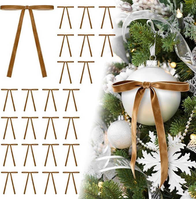 24Pcs Velvet Ribbon 5 x 7 Inch Christmas Ribbon 3/8 Inch Wide Christmas Bows Vintage Velvet Bows for Christmas Tree Camel Bows for Christmas Tree Decorations