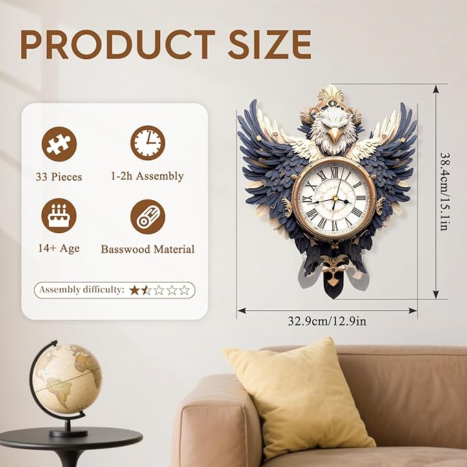 3D Puzzles for Adults Clock-Eagle Design Model Kit-Mechanical DIY Pendulum Clock with Roman Numerals-Desk Home Office Decor Personalized Gift for DIY Lovers
