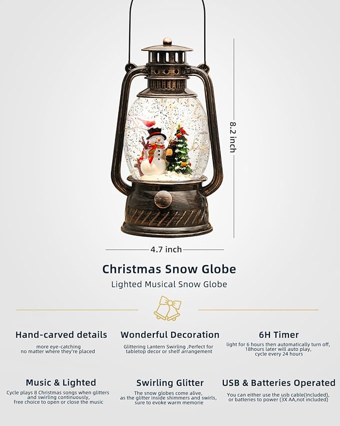 Snow Globe Christmas Decorations - Musical Christmas Snow Globes with 6H Timer,Snowman Cardinal Christmas Tree Scene Snow Globes Lantern USB or Battery Powered,Christmas Decorations Decor for Home
