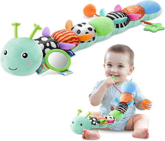 Baby Toys 0-6-12 Months,Musical Caterpillar Stuffed Animals Activity Infant Toys with Crinkle,Rattles,Mirror&Pull String,Muti-Sensory Toys Gifts for Newborn Tummy Time,Mint Blue|Leafy