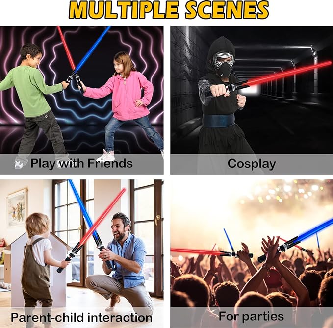 Light Saber Swords for Kids, 2-in-1 Dual Light Up Sabers with FX Sound, Expandable Light Sword with Belt Clip for Galaxy War Fighter Warriors, Halloween Costume Parties