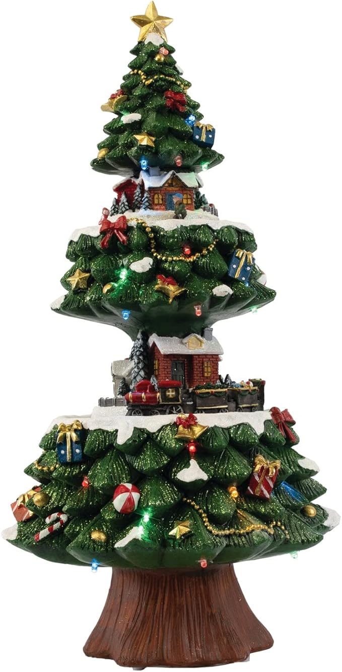 Animated Light Up Christmas Tree | Village House Collection Accessories Figurines for Decorations and Gift | Motion and Sound With Multicolor LED Lights
