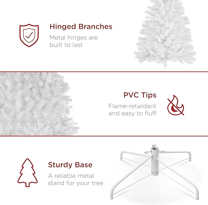 Best Choice Products Artificial Christmas Tree, 6ft Premium Unlit Realistic Spruce Holiday Décor w/Dense Branches, Metal Base – White Spruce