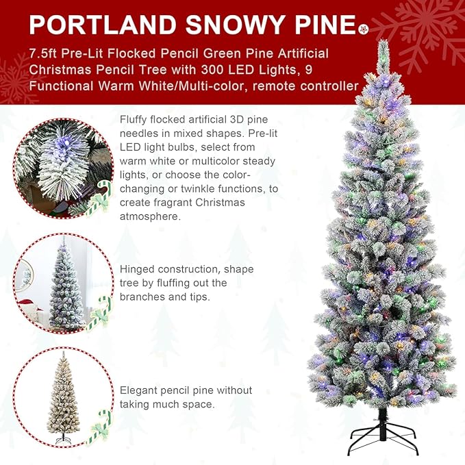 Glitzhome 7.5ft Prelit Christmas Tree, Flocked Artificial Christmas Tree, Pencil Christmas Tree Portland Snowy Pine with 300 Warm White/Multi-Color Lights, 9 Functional, Remote Controller