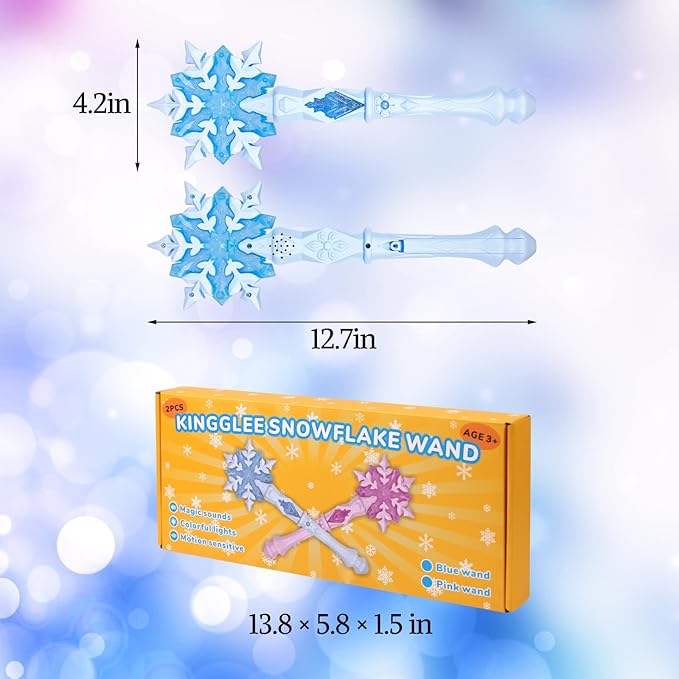 KingGlee Light Up Frozen Snowflake Wands with Sound(Motion Sensitive) Magic Toy for Kids Girls Princess Party Favors Costume Cosplay Accessories 2 Pieces Blue