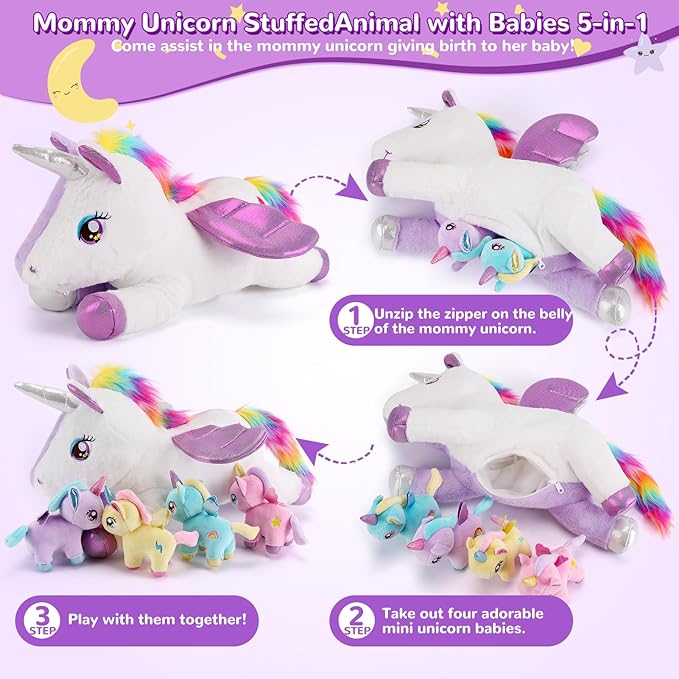 5 Pieces Unicorn Stuffed Animals - 1 Mommy Stuffed Unicorn with 4 Babies - Unicorns Gifts for Girls Ages 3 4 5 6 7 8, Unicorns Plush Toys for Christmas, Valentine's, Birthday Gifts (Purple)