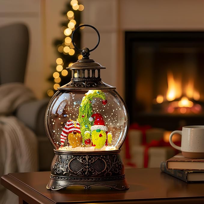 Christmas Snow Globes Christmas Water Lantern with Gnome Whimsical Christmas Tree, Music & 6H Timer, USB Lined/Battery Operated Lighted Lanterns for Xmas Festival Decoration Gifts