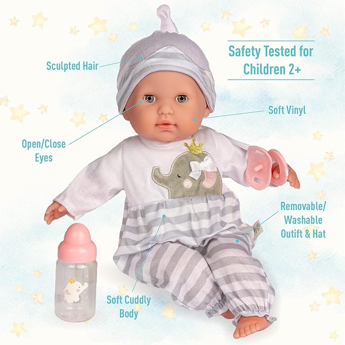 15" Realistic Soft Body Baby Doll with Open/Close Eyes | JC Toys - Berenguer Boutique | Bottle & Pacifier | Grey | Ages 2+