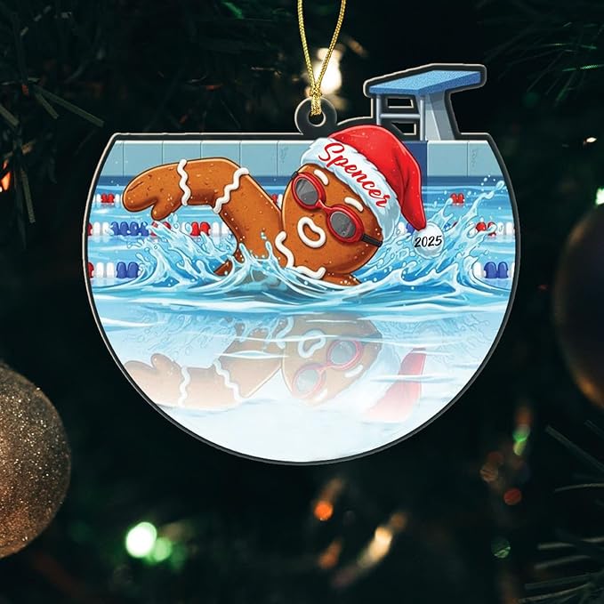 Personalized Swimming Shaped Xmas Ornament 2025, Unique Gingerbread Swimmer Keepsake Ornament Gift for Kids Daughter Son Dad Mom, Customized Year & Name Swimming Pool Lover Christmas Ornaments Decor