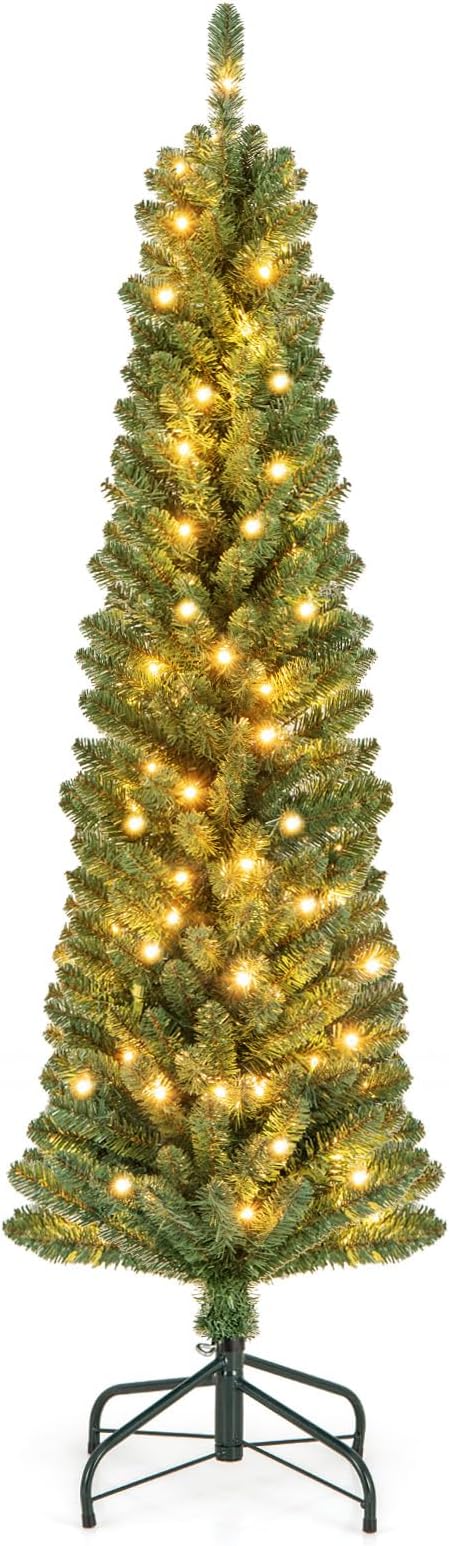 GOFLAME 5FT Prelit Pencil Christmas Tree, Slim Artificial Xmas Tree with 295 Memory Wire Branch Tips, 110 Warm White LED Lights & Upgraded Metal Stand, Seasonal Holiday Decoration Tree for Home Party