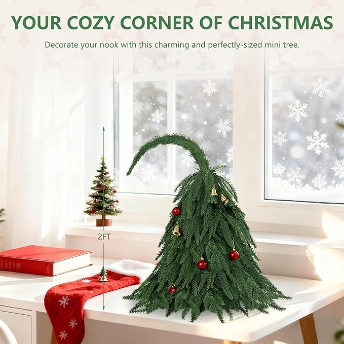 Tabletop Norfolk Pine Christmas Tree, 2FT Green Mini Artificial Christmas Tree with Norfolk Branch, Small Xmas Tree for Christmas Holiday Indoor Decoration