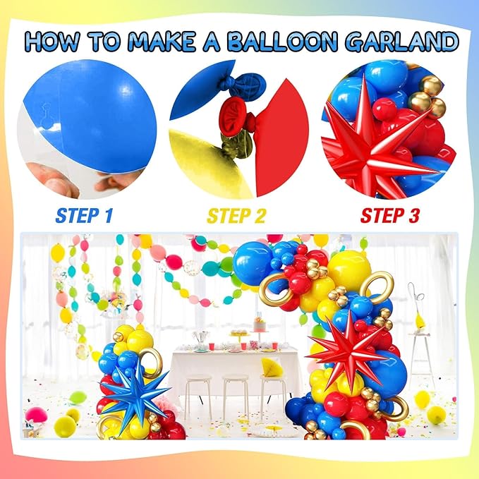 126Pcs Red Blue Yellow Balloon Arch Kit, Cartoon Hedgehog Theme Primary Color Balloon with Gold Circle Explosion Star Foil Balloon Garland Set for Boys Kids Carnival Circus Birthday Party Decorations