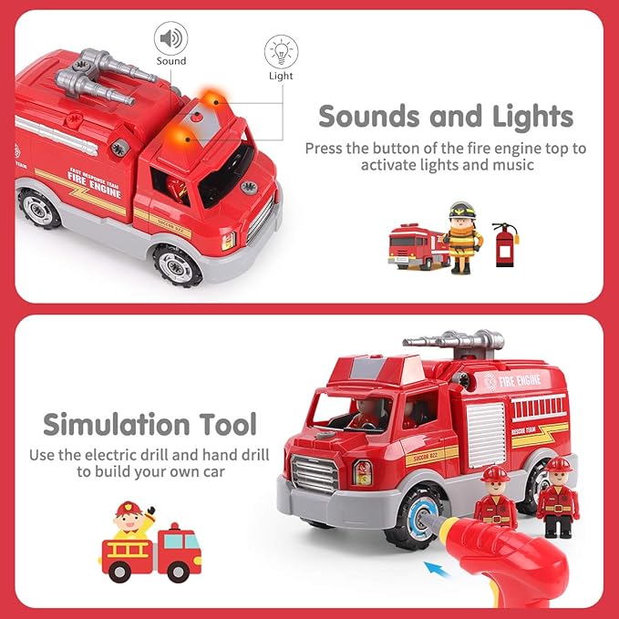 REMOKING DIY Assembly Fire Truck, Educational Playset with Power Drill, Realistic Sounds & Lights (3+)