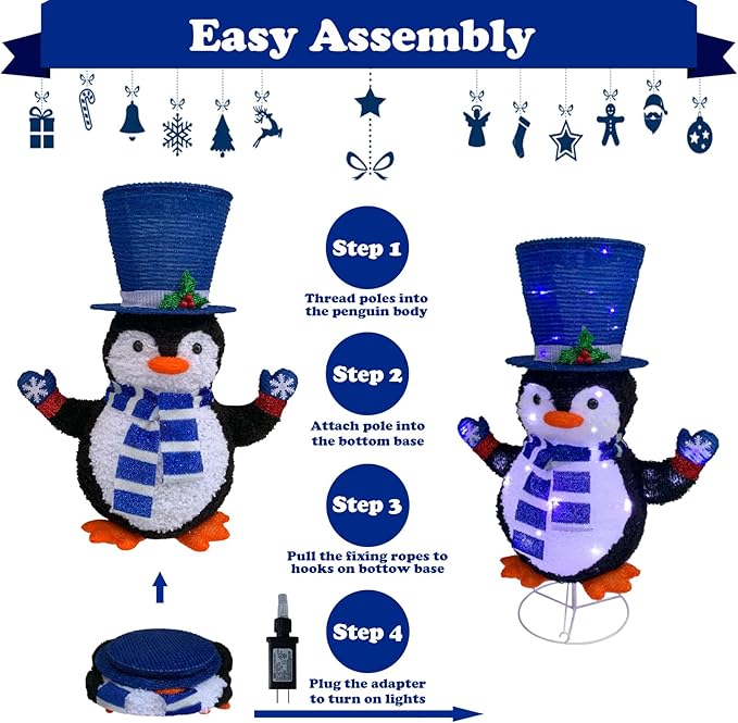 Lighted Penguin Outdoor Christmas Decorations, Pop-Up Penguin Outdoor Décor Prelit 60 Lights, Collapsible Lighted Blue Christmas Decorations for Porch, Yard, Garden-Blue